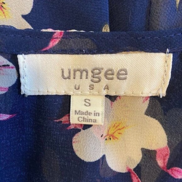 Umgee Navy Blue Floral Keyhole Back Bell Sleeve Babydoll Swing Boho Dress S - Picture 4 of 4